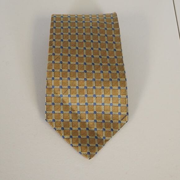 Christian Dior Cravates Tie Gold and Blue Pattern 100% Silk Handmade Necktie - Picture 1 of 10
